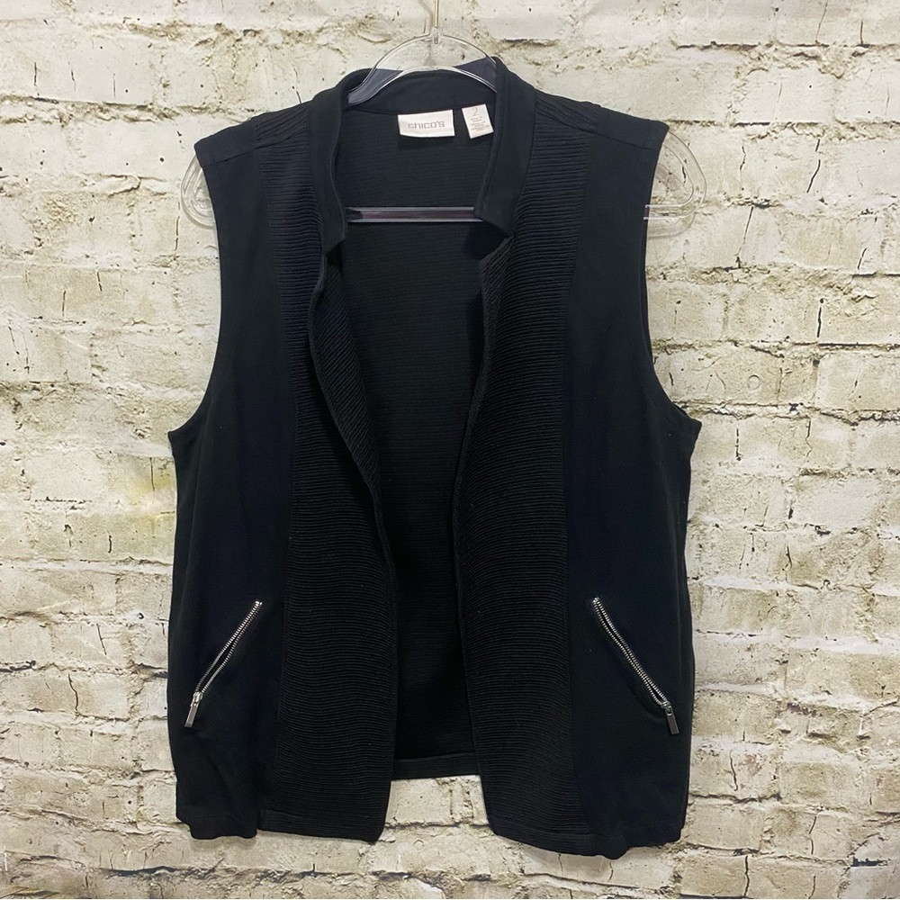 Chicos Black Textured Zipper Pocket Open Front‎ Vest